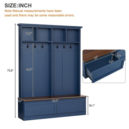 Merax Wood Hall Tree with 6 Hooks & Entryway Bench, Farmhouse Mudroom Versatile Coat Racks with 2 Large Drawers, Entrance Organizer for Hallway, Blue