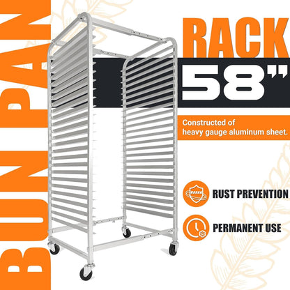 HECASA Adjustable Bun Pan Rack 25 Tier with Brake Wheels, Bakery Sheet Rack for Foodservice, Kitchen,Restaurant, Pizzeria, Hotel, Home, Aluminum, 24.72" L x 20.5" W x 58''H Oxidation