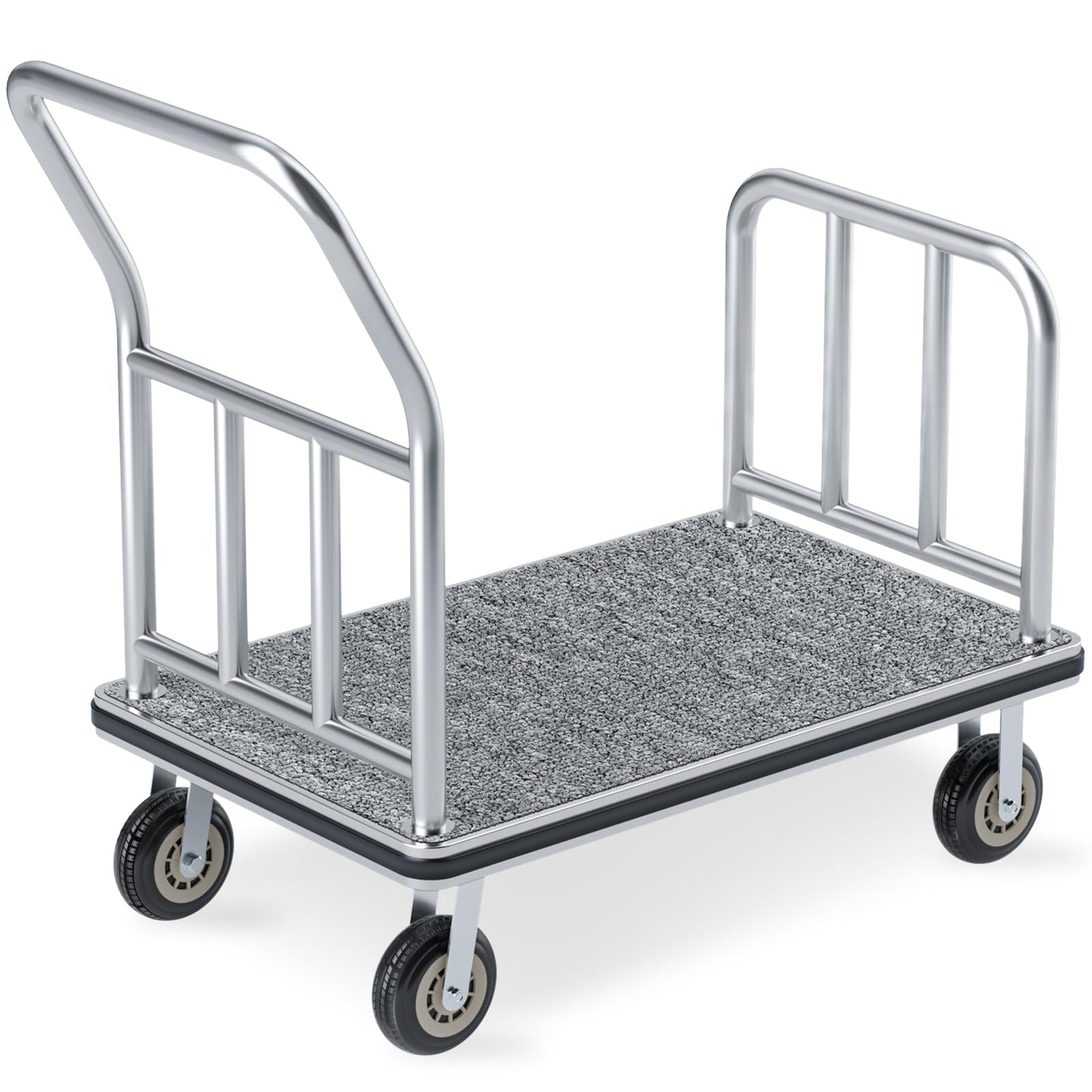 Hotel Luggage Cart, 900LBS Load Capacity Bellman's Cart with 8" Wheels, Brushed Stainless Steel Commercial Grade Hotel Luggage Trolley with Grey Carpeted Deck for Hotels (42''L x 25''W x 38''H)