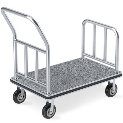 Hotel Luggage Cart, 900LBS Load Capacity Bellman's Cart with 8" Wheels, Brushed Stainless Steel Commercial Grade Hotel Luggage Trolley with Grey Carpeted Deck for Hotels (42''L x 25''W x 38''H)