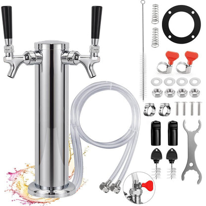 Dual Beer Tap Tower Dispenser with 1/4" Barb Fitting, Draft Kegerator Tap Tower Keg Tower Stainless Brass Core Self-Closing Beer Faucet Brewing Tower Dispenser with Pre-assembled Lines Kit