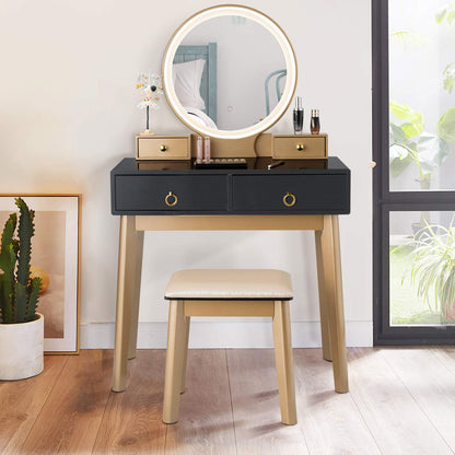 FANTASK Vanity Table Set, LED Lighted Makeup Table w/ 3 Color Round Lighting Mirror Touch Screen 4 Drawers, Makeup Dressing Table w/Cushioned Stool for Bedroom (Black)