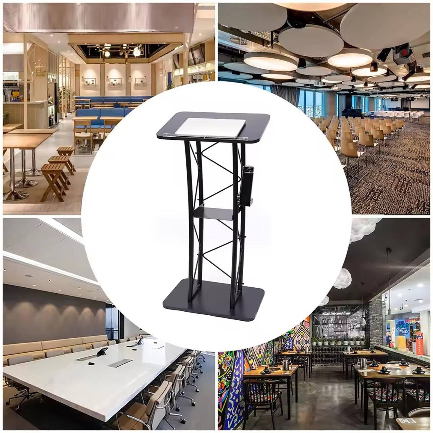 Black Curved Podium Stand - Metal Lectern for Classroom, Stage & Church - Large Pulpit for Speeches, Ceremonies, Celebrations - Professional Presentation Equipment