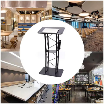Black Curved Podium Stand - Metal Lectern for Classroom, Stage & Church - Large Pulpit for Speeches, Ceremonies, Celebrations - Professional Presentation Equipment