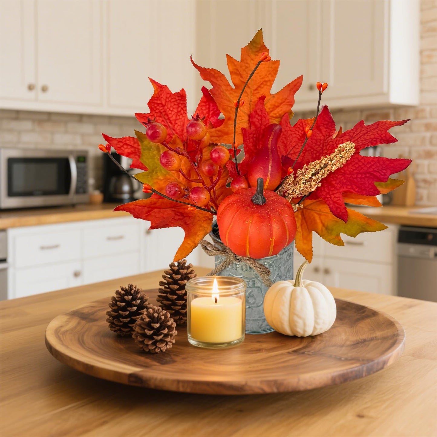 2 Pack 12 Inch Thanksgiving Decorations Fall Centerpieces for Tables Thanksgiving Table Decor Fall Arrangements Maples Leave Pumpkin Berried Wheat Realistic Moss in Metal Pots for Home Kitchen Table