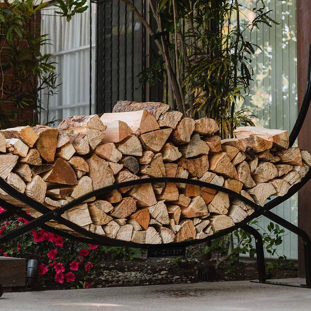 Ash & Ember 8 ft Crescent Firewood Rack, Curved Two-Level Design, Square Steel Tubing, Durable Steel Tubing, Outdoor Lumber Storage Rack for Fire Wood, Black Finish, Easy to Assemble