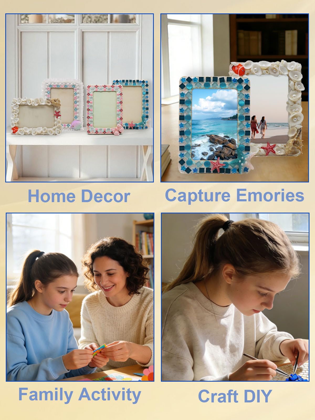 Fenzonmic DIY Wooden Photo Frame Kit 2-Pack, Includes Cream Glue Gun & Resin Decor (Shells, Pearls, Sea-Themed) for 4x6 Inch (10x15cm) Pictures, Creative Craft Gift for Friends and Family