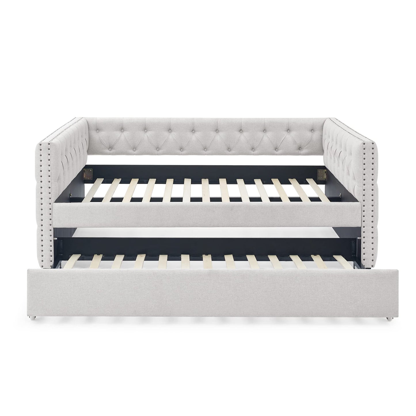 Acosure Upholstered Full Size Daybed with Trundle Twin,Solid Wooden Sofa Bed Frame W/Button Tufted & Copper Nail on Square Arms,No Spring Box Need,Bedframe for Living Room Bedroom Dorm,Beige Linen