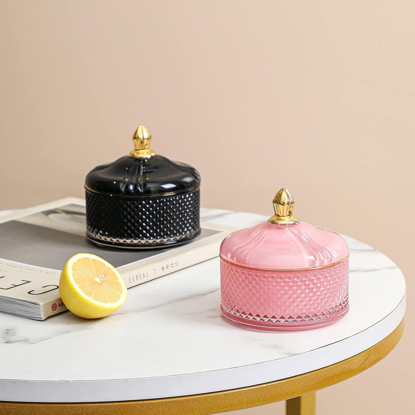Glass Jewelry Jar, Diamond Faceted Candy Storage Bowl with Lid, Decorative Apothecary Canisters for Kitchen