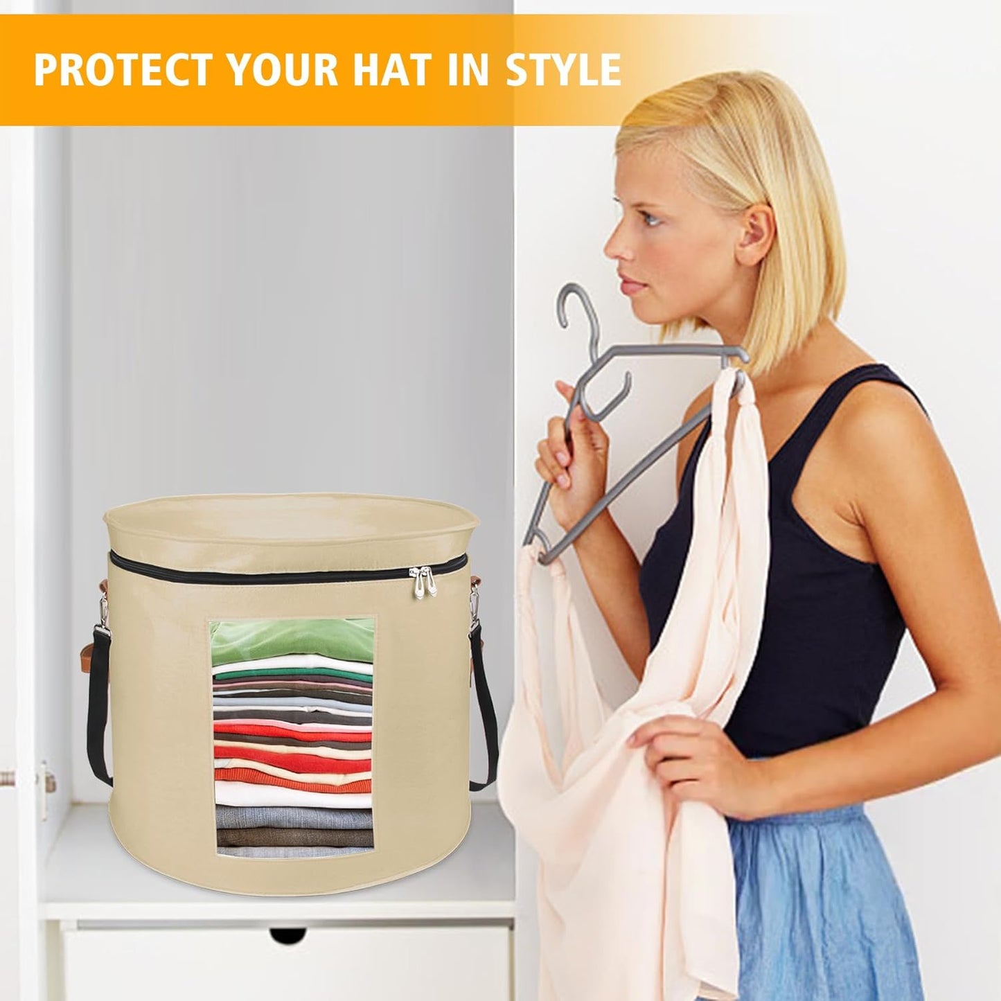 Large Hat Storage Box for Women & Men, 19" D x 17" H Foldable Round Organizer with Dustproof Lid for Travel