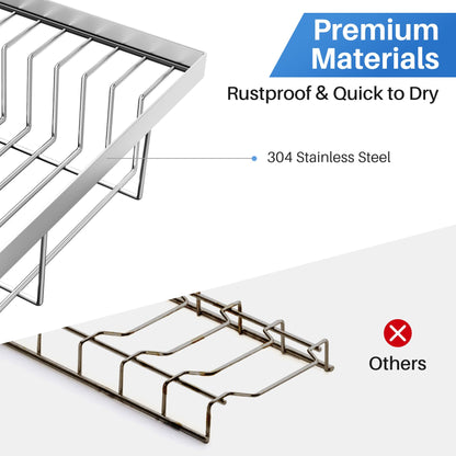 Over The Sink Dish Drying Rack, Full Stainless Steel 2-Tier Kitchen Counter Dish Drainer Rack Adjustable (33.8 to 41.5 inch), Expandable Dish Drying Rack with Kitchen Accessories, Silver
