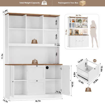 HIFIT 72'' Tall File Bookcase with Power Outlet & Printer Stand, 2 Drawer Filing Cabinets for Home Office Fit Hanging A4 File, Storage Cabinet w/ 3 Tier Open Book Shelf & Doors for Living Room, White