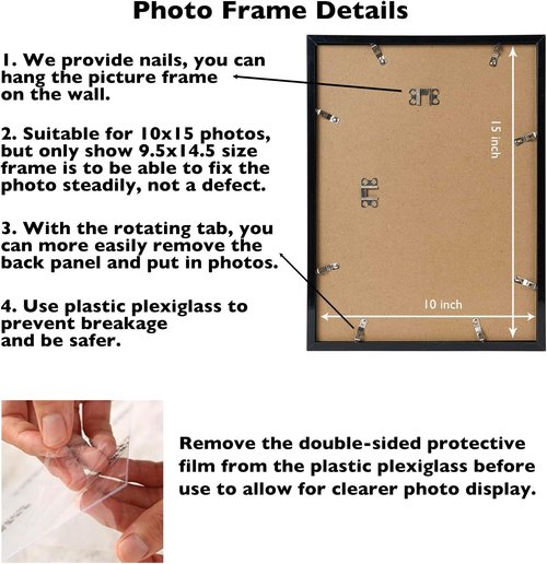 JCJMY 10x15 Black Picture Frame - Versatile Wall Mounting for Horizontal or Vertical Display, Shatter-Resistant Plexiglass