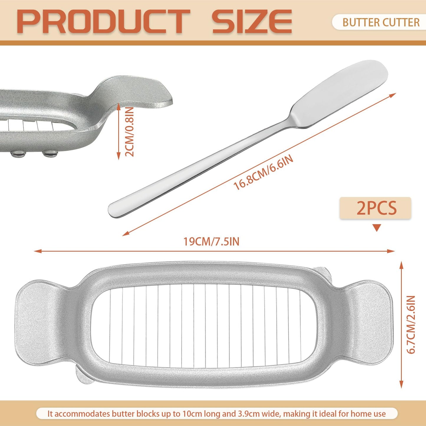 Diakey 2 Pack Butter & Cheese Slicer Cutter, 17 Wires Butter Cutter with Stainless Steel Spreader Knife, Ergonomic Handle Portable Grip for Block Cheese, Soft Fruit, Egg