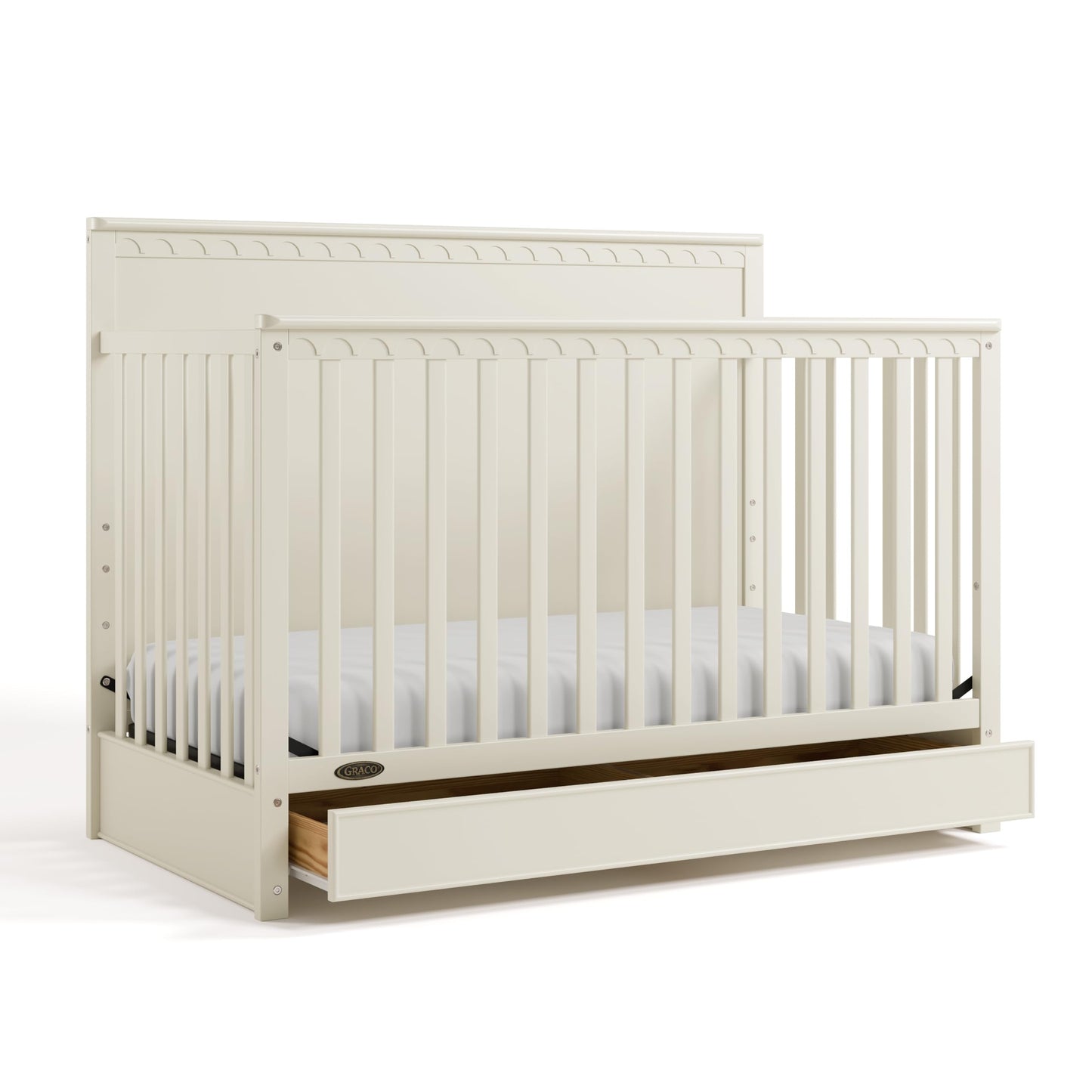 Graco Sasha 5-in-1 Convertible Crib with Drawer – GREENGUARD Gold Certified Wood Crib, Converts to Toddler Bed, Daybed, Full-Size Bed, Stylish Classic Design (Frosted Oat)