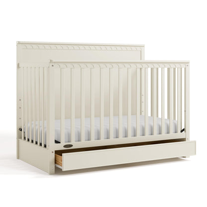 Graco Sasha 5-in-1 Convertible Crib with Drawer – GREENGUARD Gold Certified Wood Crib, Converts to Toddler Bed, Daybed, Full-Size Bed, Stylish Classic Design (Frosted Oat)