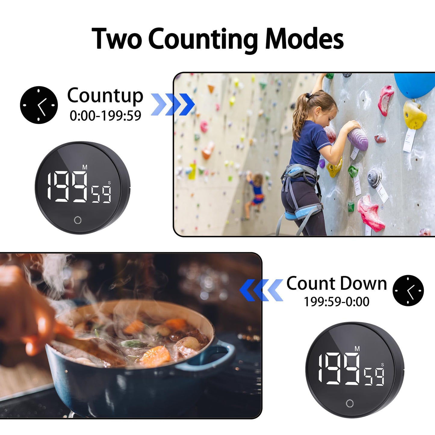RZASL Digital Kitchen Timers, Magnetic Rotary Timer with Large LED Display, 3 Volume Levels, 0-199Min Countdown/Up, Easy Operation for Cooking, Studying, Fitness, Kids & Seniors