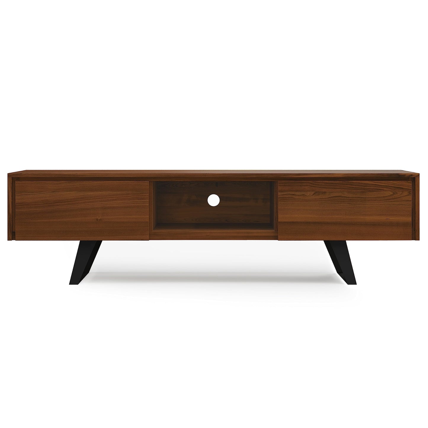 SIMPLIHOME Lowry TV Stand - 72 inch Wide Solid Mango Wood Media Console in Walnut, Modern Industrial Entertainment Center for Living Room for TVs up to 80 Inches with Open Shelf and Cable Management