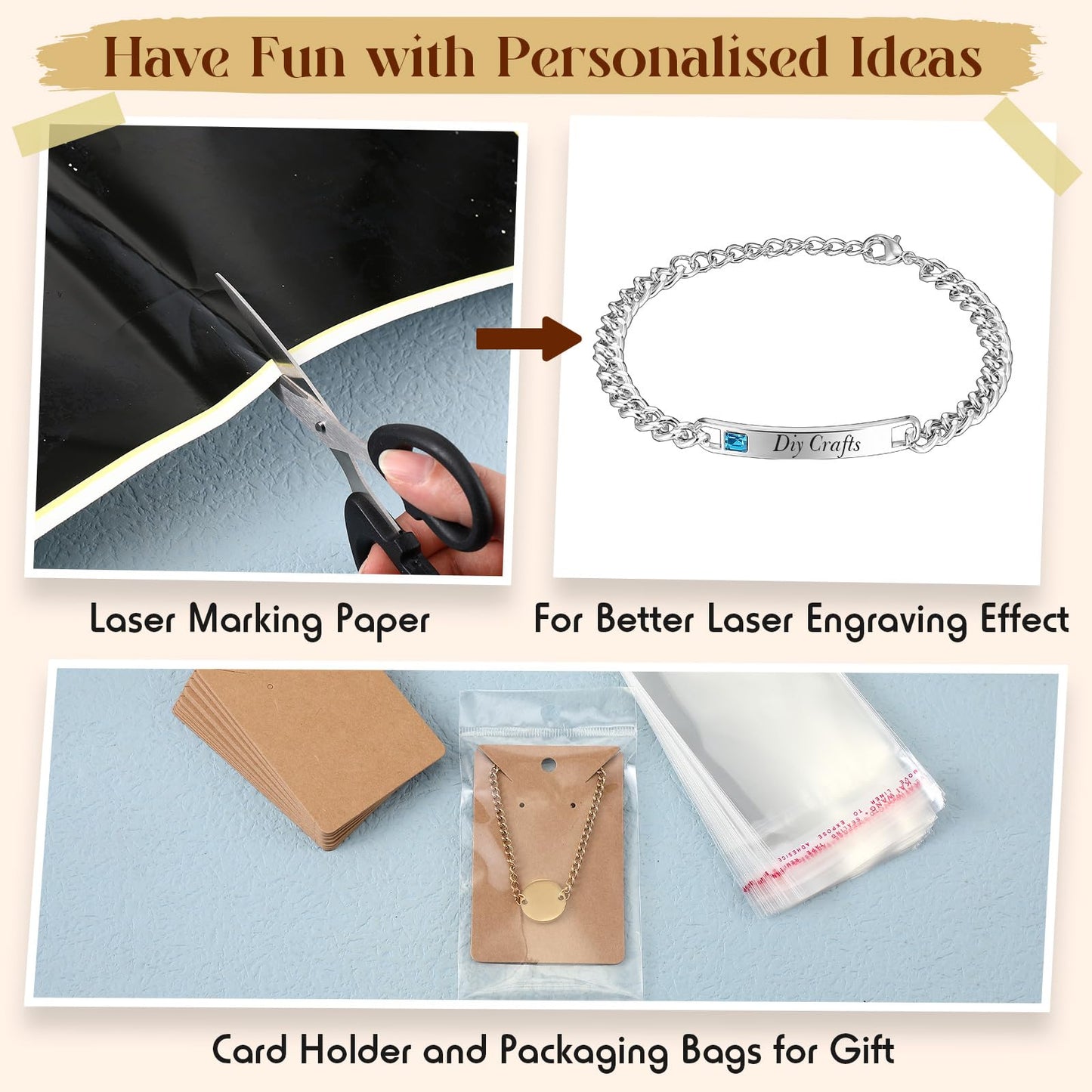 Quelay 99 Pcs Laser Engraving Materials Bulk Include 46 Jewelry Making Engraving Accessories Kit Necklace Bracelet Ring Keychain with Laser Marking Paper for Laser Engraver DIY Crafting Supplies