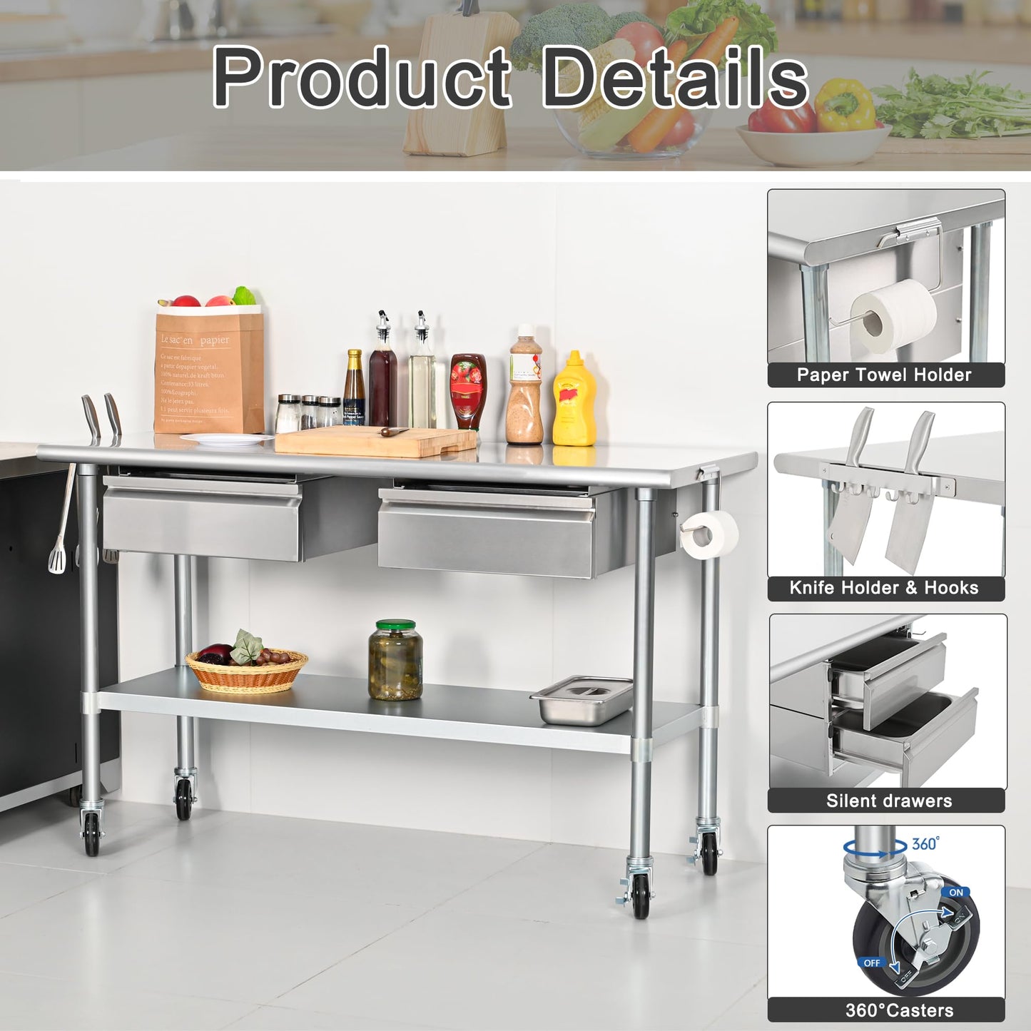 HARDURA Stainless Steel Table with 2 Drawers & Casters, Metel Prep Table with Hook, Tissue Holder and Undershelf 24x60 Inches for Commercial Kitchen Prep
