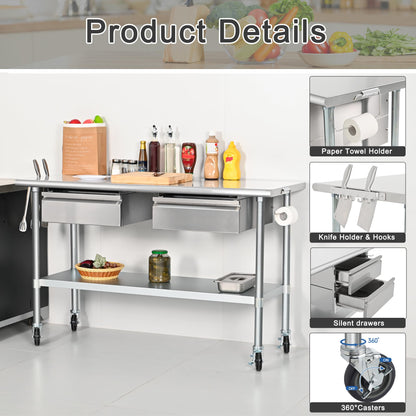 HARDURA Stainless Steel Table with 2 Drawers & Casters, Metel Prep Table with Hook, Tissue Holder and Undershelf 24x60 Inches for Commercial Kitchen Prep