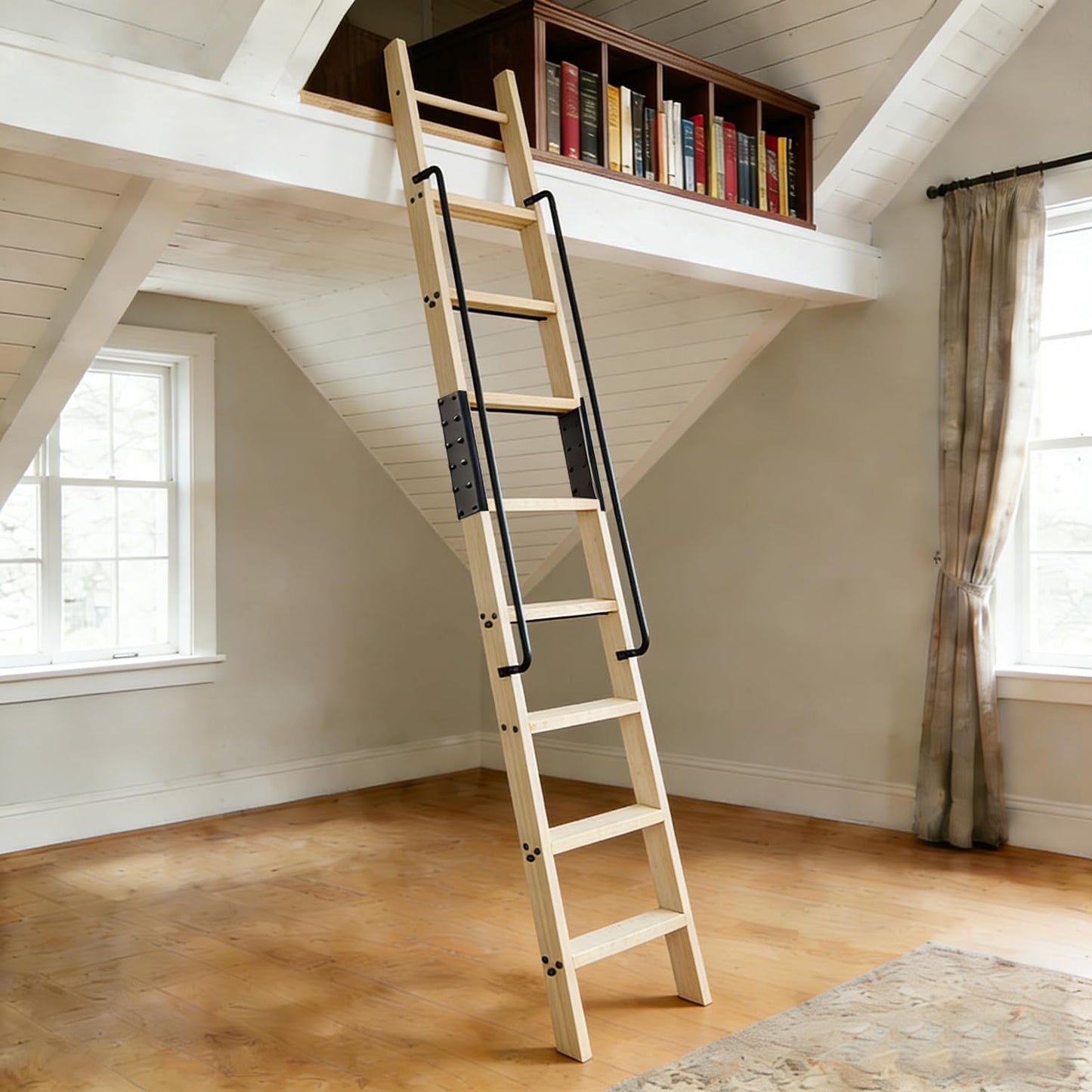 104RDHOUSE 108in Attic Rolling Library Ladder, 9 Step Wooden Ladder with,Ladder Bookshelf,Wall Stairs Red Oak Stair Platform Bunkbed Ladder,for Home Kitchen,Warehouses,Bookstore,DIY Stain