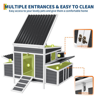 Wooden Chicken Coop, Large Chicken Coop for 4-6 Chickens, with 6 Nesting Boxes, Outdoor Poultry Cage Rabbit Cage with Ramps & Tray, 54.41" x 34.49" x 34.05"