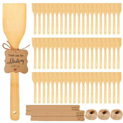 LECEHIVO 60 Sets Bamboo Spatula with Thank You Cards and Hemp Rope 12 Inch Flat Handle Cooking Wok Spatula for Kitchen Utensils Housewarming Party Birthday Wedding