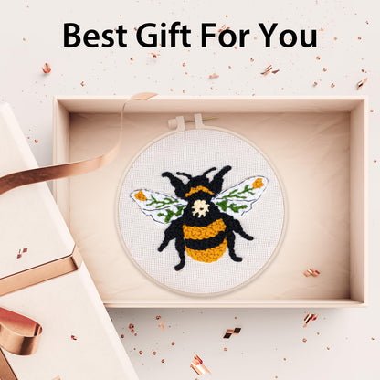 Nuberlic Punch Needle Kit for Beginners Cute Bee Pattern DIY Hoop Embroidery Punch Needle Starter Craft Set with Pre-Printed Fabric, Yarn, Frame & Tools Step-by-Step Introduction