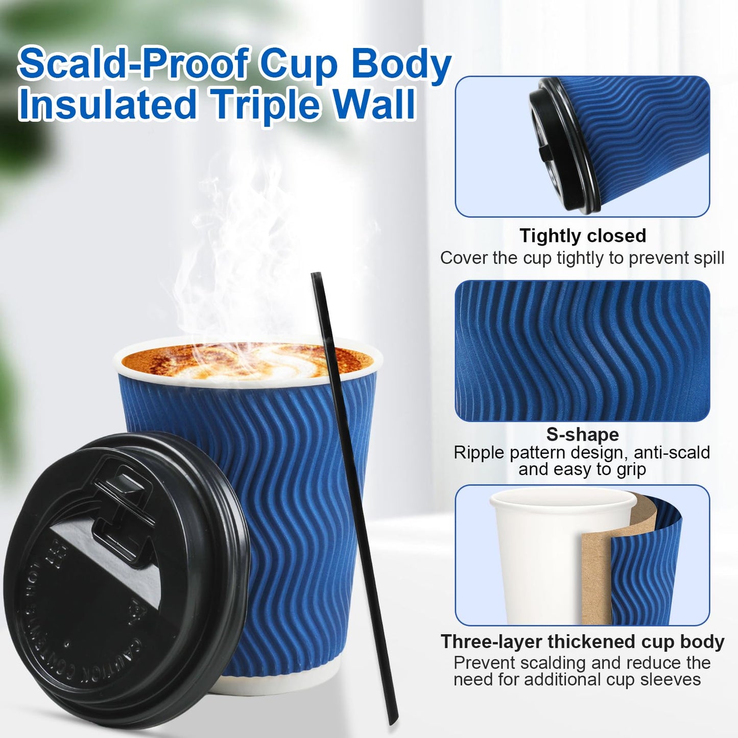 RAZCC Coffee Cups, 100 Pack 12 oz Disposable Blue Insulated Paper Cups, Corrugated Kraft Ripple Wall Cup, Comes With Lids and Straws, Suitable for Hot and Cold Drinks