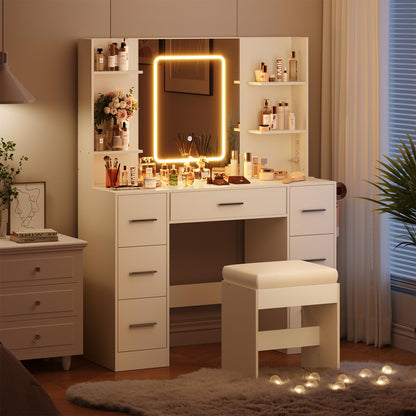 Garvee Makeup Vanity with Mirror and Chair, Power Outlet, Hairdryer Holder, 7 Drawers, 3 Lighting Modes Brightness Adjustable Dressing Table for Bedroom (White)