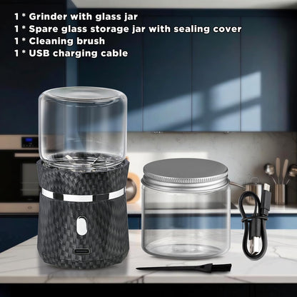Unique Electric Herb Grinder, Small Spice Grinder Electric herb Grinders Mini Size 2x3.5inches with 2pcs 1.7oz/50ml Glass Jar Herb Jar Portable Grinders Rechargeable Automatic herb Grinder