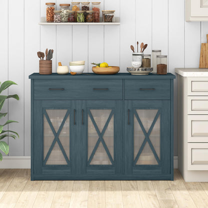 Giantex Farmhouse Buffet Cabinet w/Fluted Glass Doors, 47'' Kitchen Sideboard w/ 2 Drawers & Adjustable Shelves, Rustic Coffee Bar Cabinet w/Anti-Tip Device for Dining Room Living Room (Turquoise,1)