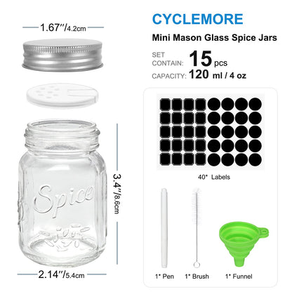 CycleMore 15 Pack 4oz Glass Mason Spice Jars, Round Spice Containers with Silver Metal Caps and Pour/Sift Shaker Lids-40pcs Labels,1pcs Silicone Collapsible Funnel,1pack Brush and 1 Pen Included