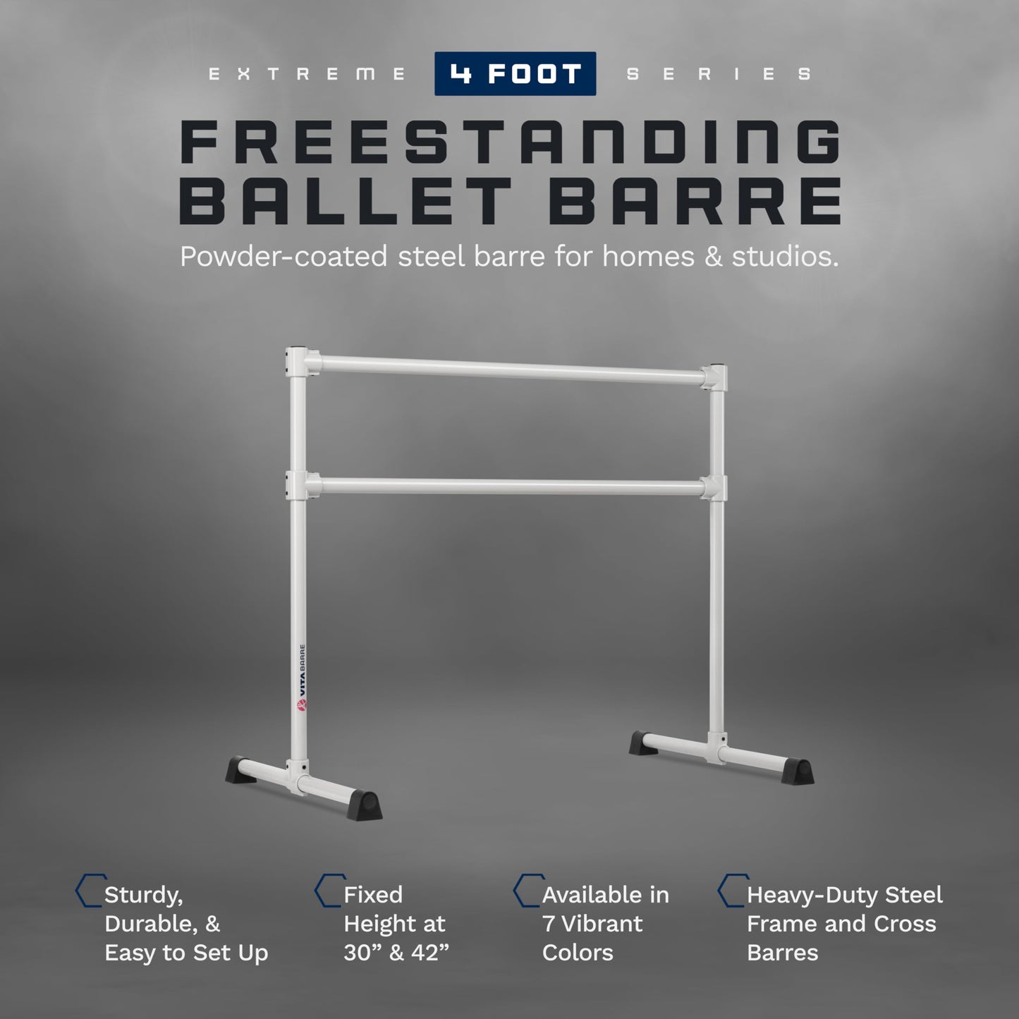 VITA Barre Portable Freestanding Double Ballet Barre, Extreme, 4 Ft Bars, Satin Silver, Steel | Fixed Height, Made in USA, Home or Gym Exercise Equipment for Kids & Adults | Dance, Fitness, Pilates