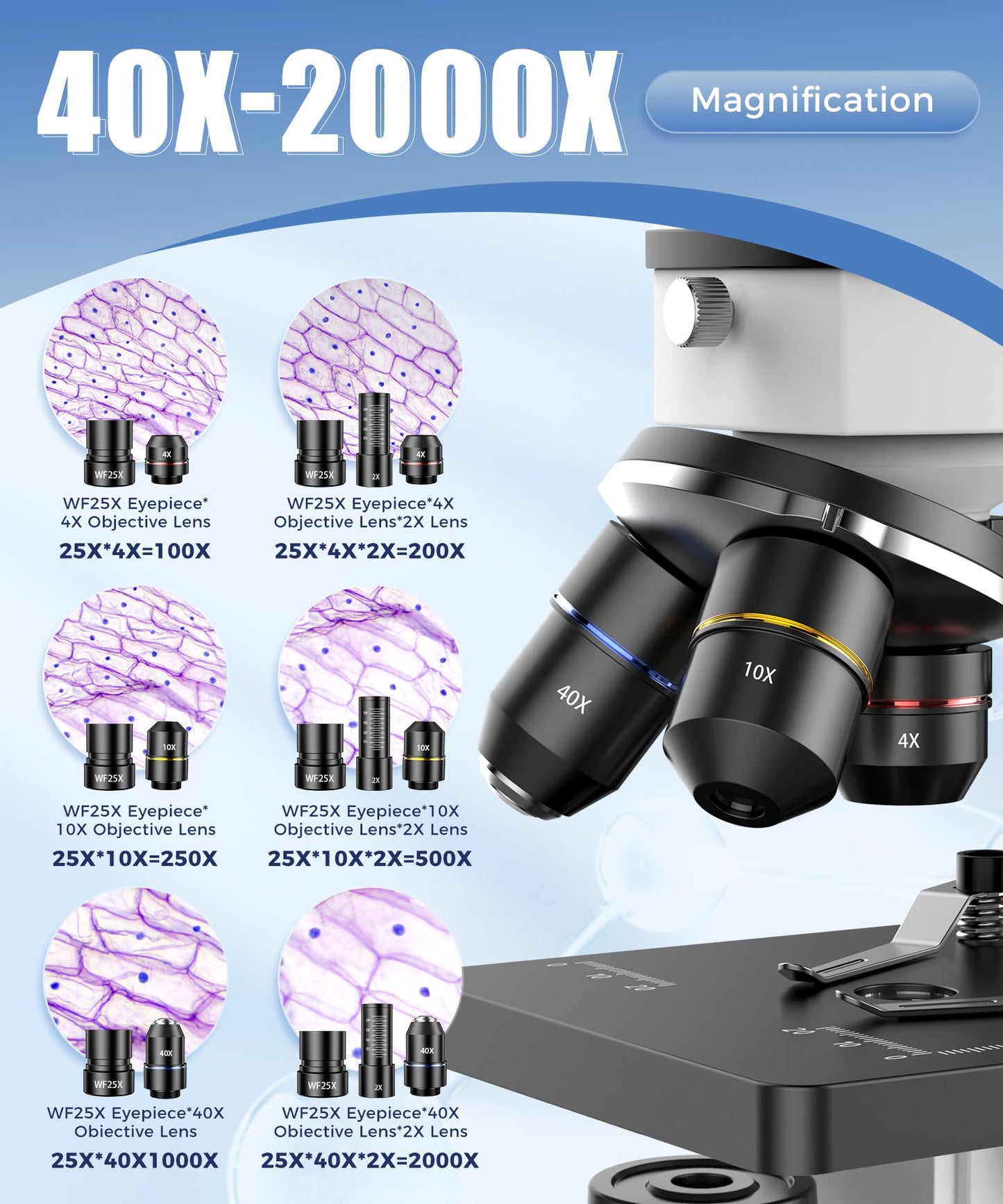PalliPartners Compound Microscope for Adults & Kids - 100X-2000X High-Power Biological Microscope for Students, School Lab & Home Education, with Slides Set & Phone Adapter (White)