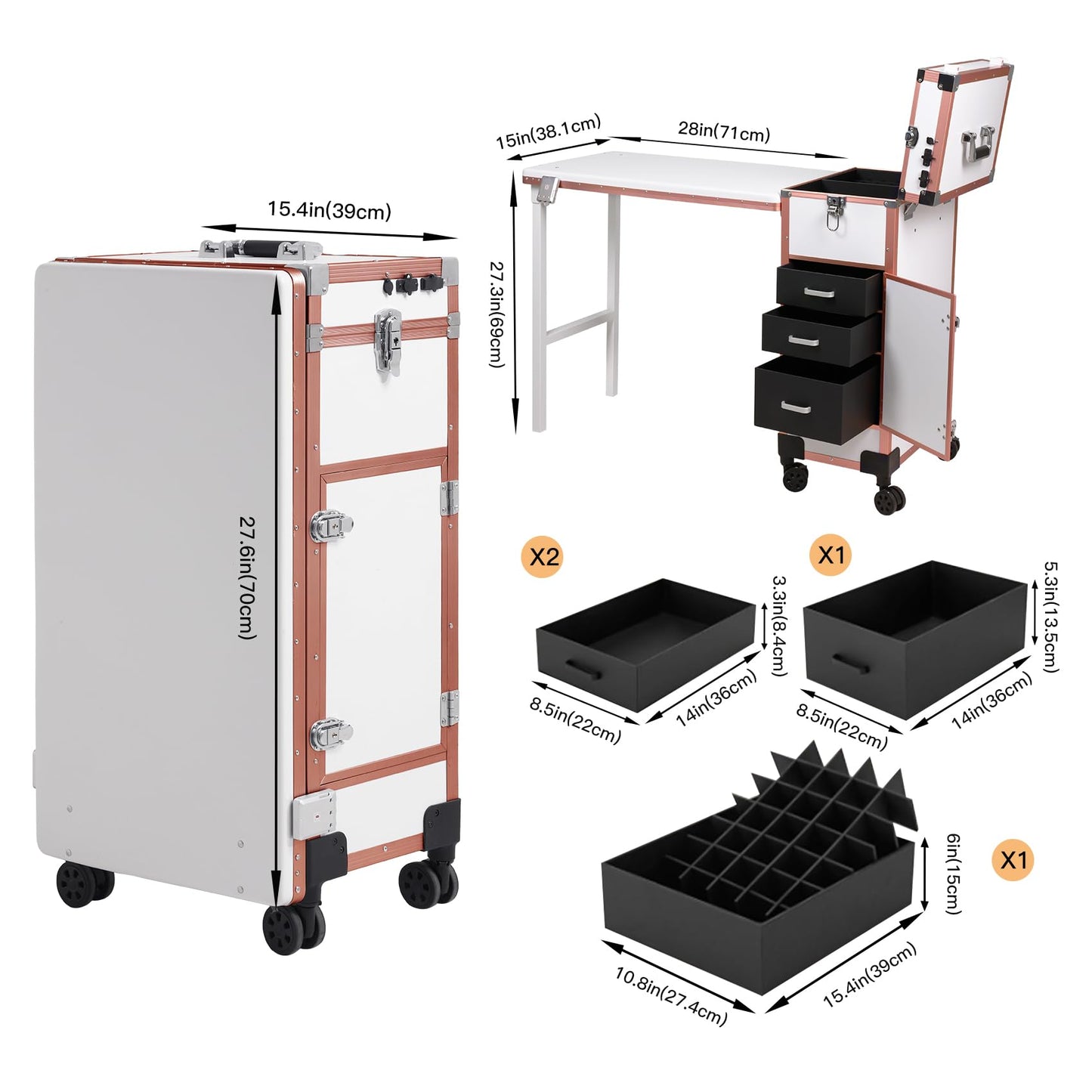 Rolling Portable Manicure Table with 3 Drawers, Lockable Makeup Train Case with Mirror & Nail Polish Organizer, Foldable Nail Desk with Wheels & Handle for Mobile Nail Techs & Salon Use,White