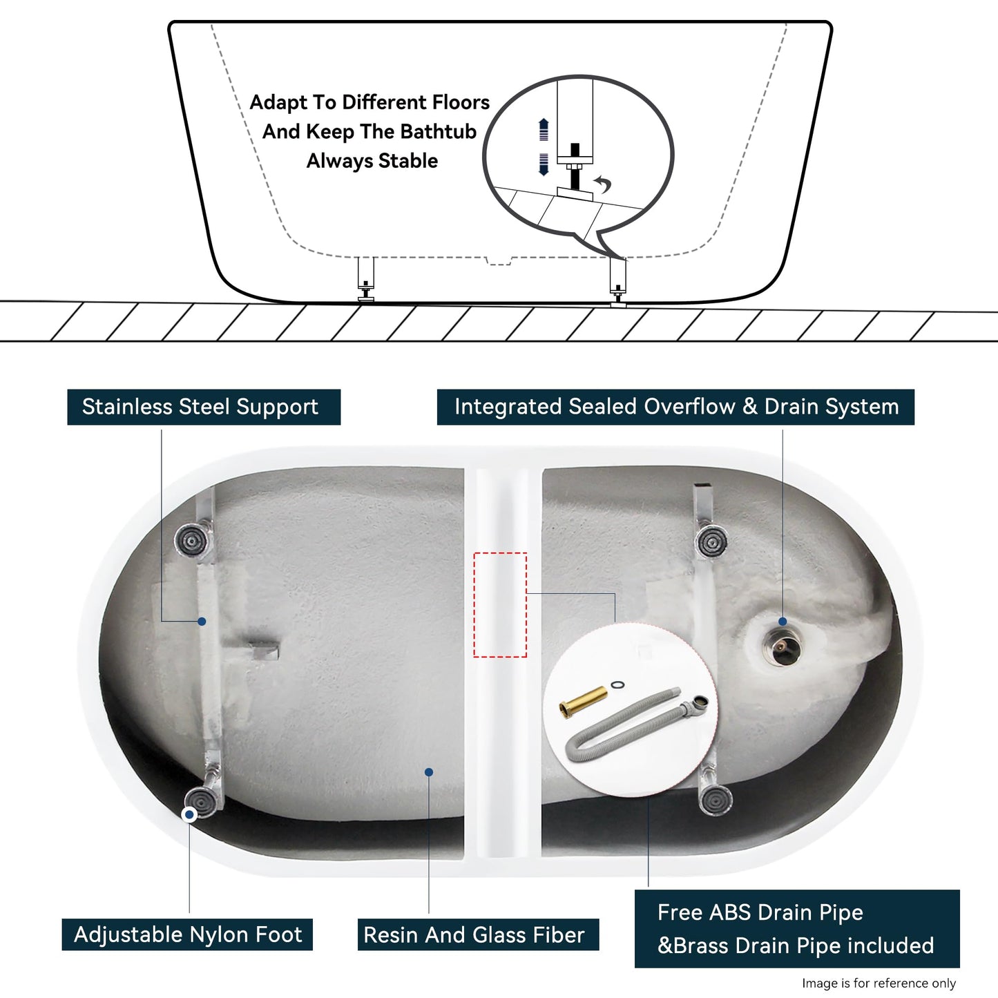 FerdY Lana'i 60" Freestanding Bathtub, Gracefully Shaped Freestanding Soaking tub, Glossy White, cUPC Certified, Brushed Nickel Drain Assembly