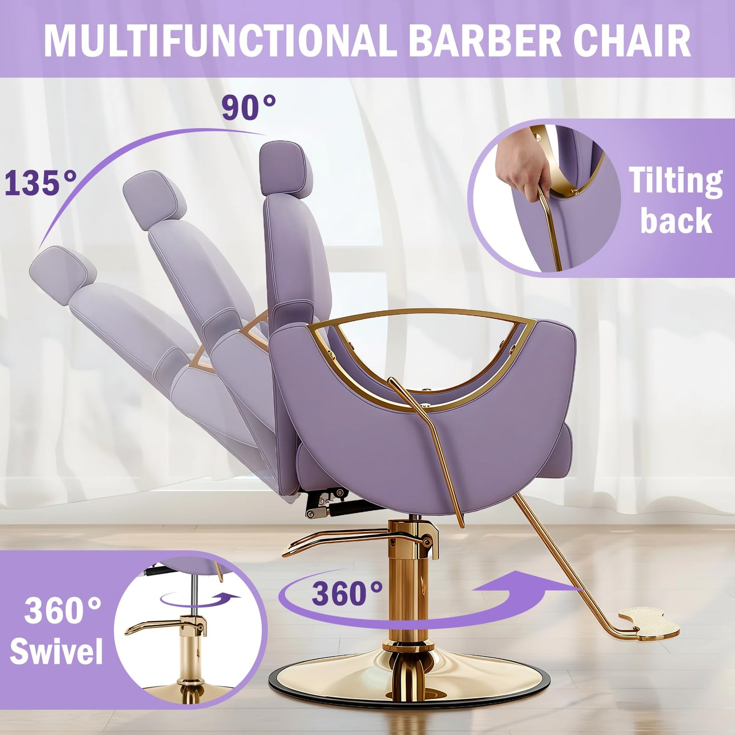 Tythical Salon Chair for Hair Stylist, Reclining Barber Chair with Heavy Duty Hydraulic Pump, 360 Degrees Swivel Styling Braiding Hairdresser Chair for Home Barbershop, Purple