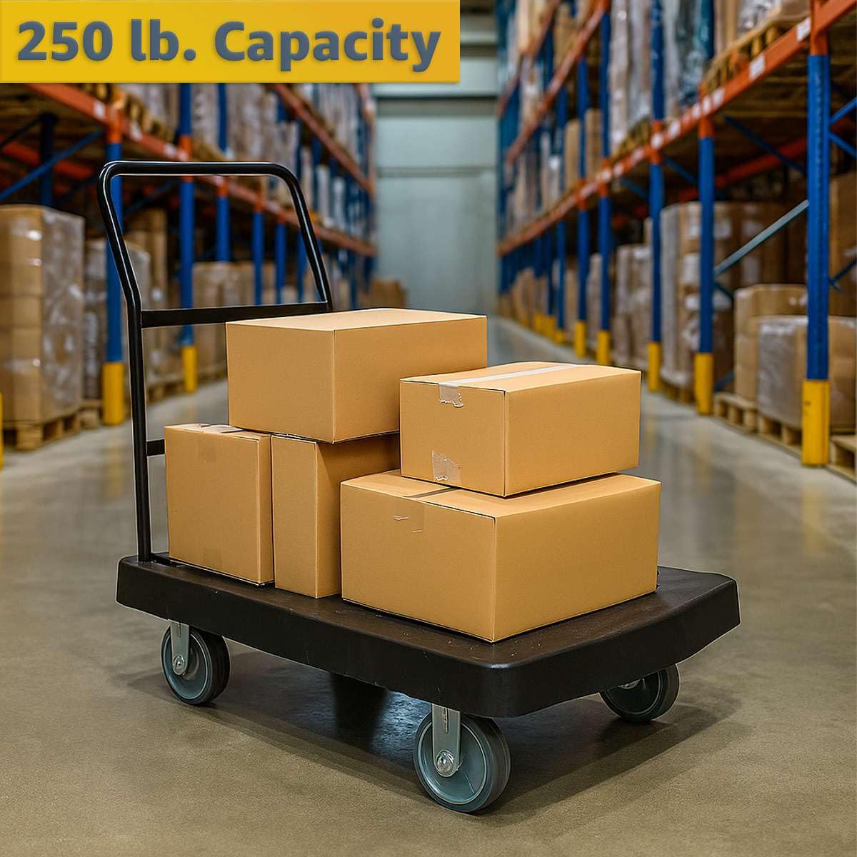 36" x 24" Platform Truck - Heavy-Duty Plastic Cart with Ergonomic Handle, 250 lb. Capacity, 6" Non-Marking Casters with Brakes - Durable Dolly for Warehouse, Office, or School Use