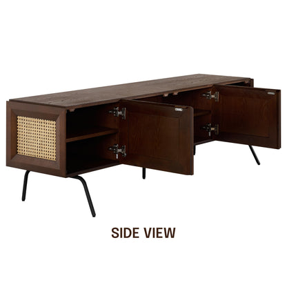 NTC Mossic TV Media Cabinet with 4 Doors for TVs, Entertainment Center with Natural Rattan, Metal Legs, Modern Storage Console for Living Room and Bedroom, Effortless Assembly, Dark Walnut