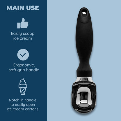 Deluxe Ice Cream Scoop with Soft Grip Handle & Lid Opener, Stainless Steel Heavy Duty Scooper Tool for Kitchen - Black