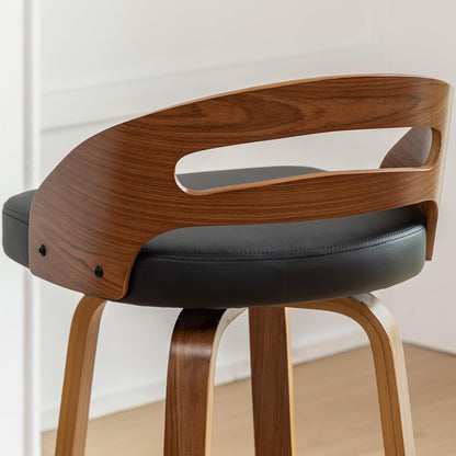 Bar Stools Set of 2, Swivel Bar Stools with Walnut Craftsmanship, Bentwood Curved Back, Upholstered Faux Leather, Soft Cushion Seat, Mid Century BarStools for Bar/Pub/Cafe (Black, 30" Seat Height)