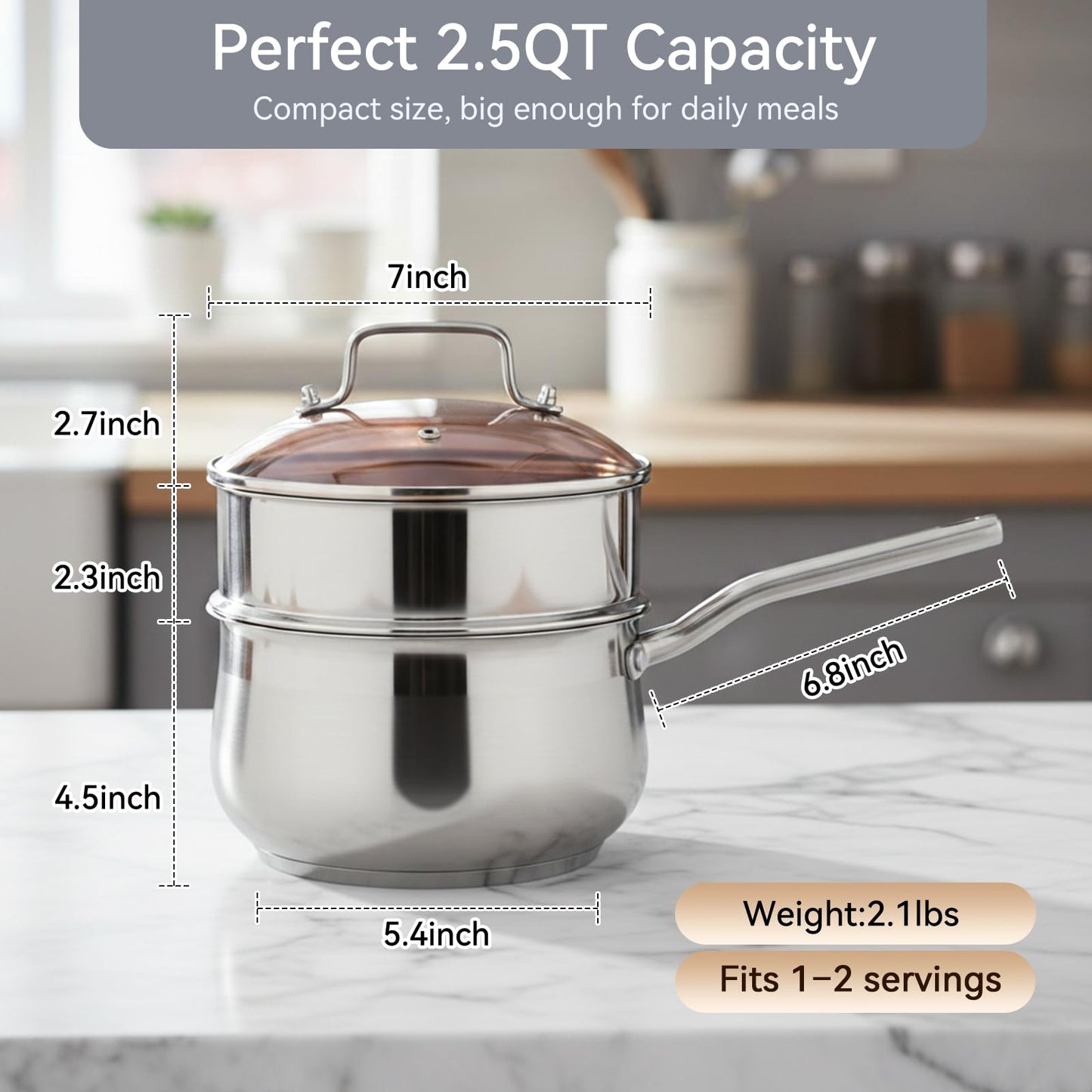 Boryenty 2.5QT Stainless Steel Saucepan with Steamer Basket and Glass Lid, 18/8 Food Grade Small Soup Pot with Steamer Insert, Induction Compatible, Heavy Duty Multi-Purpose Pot for Cooking & Steaming