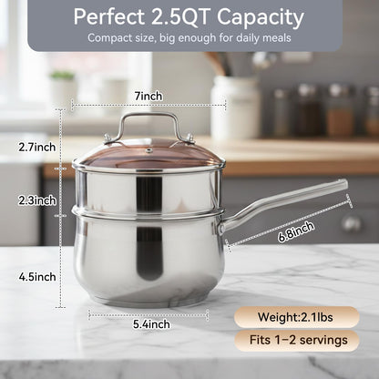 Boryenty 2.5QT Stainless Steel Saucepan with Steamer Basket and Glass Lid, 18/8 Food Grade Small Soup Pot with Steamer Insert, Induction Compatible, Heavy Duty Multi-Purpose Pot for Cooking & Steaming