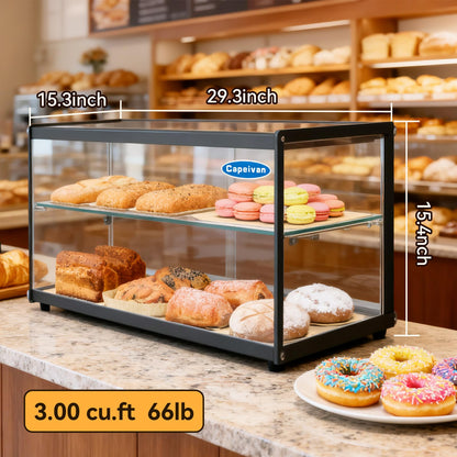 Capeivan 33 in. 2 Tiered Pastry Display Case with Glass Shelf and Sliding Door, 3.2 cu. ft. Capacity