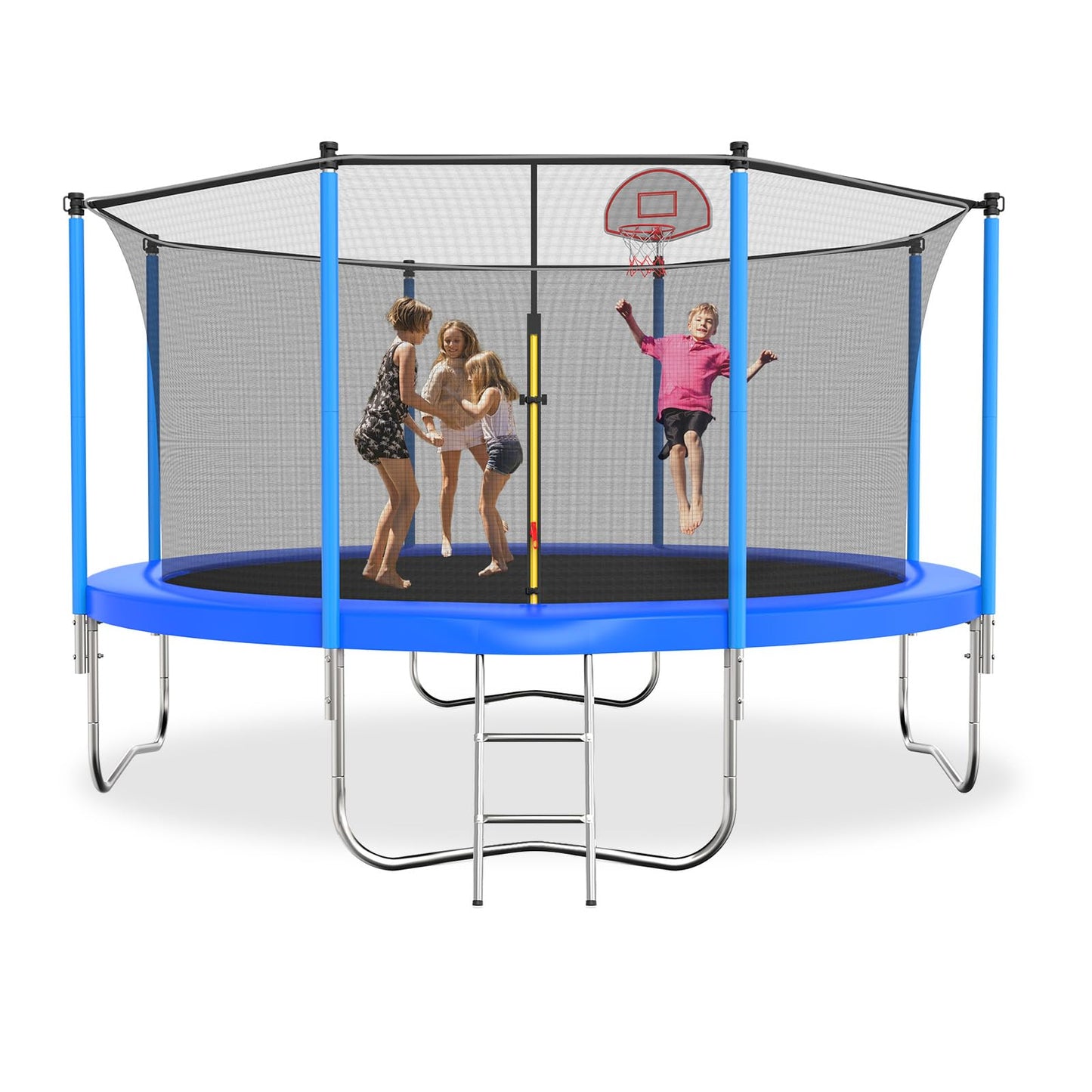 Tatub 12FT Trampoline for Kids and Adults, Outdoor Recreational Trampolines with Basketball Hoop & Enclosure Net, Blue