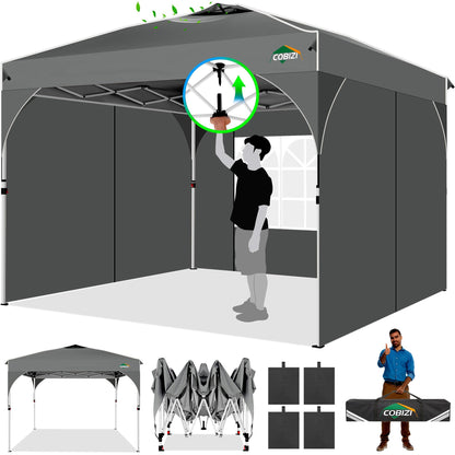 COBIZI Canopy Tent 10x10, Easy Up 10x10 Pop Up Canopy for Party Camping, Party Tents with One Push Central Button Air Vent, Outdoor Gazebo Tent with Sidewalls and Reflective Strip(Grey)
