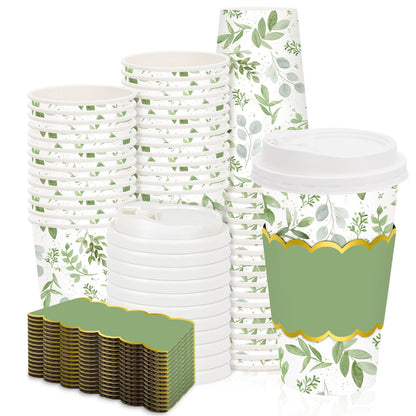 JarThenaAMCS 50 Pcs Greenery Coffee Cups with Lids Sleeves 16 Oz Green Eucalyptus Leaves Paper Cups Disposable To Go Coffee Cup for Wedding Cafes Shops Cappuccino Chocolate Beverage Cocoa