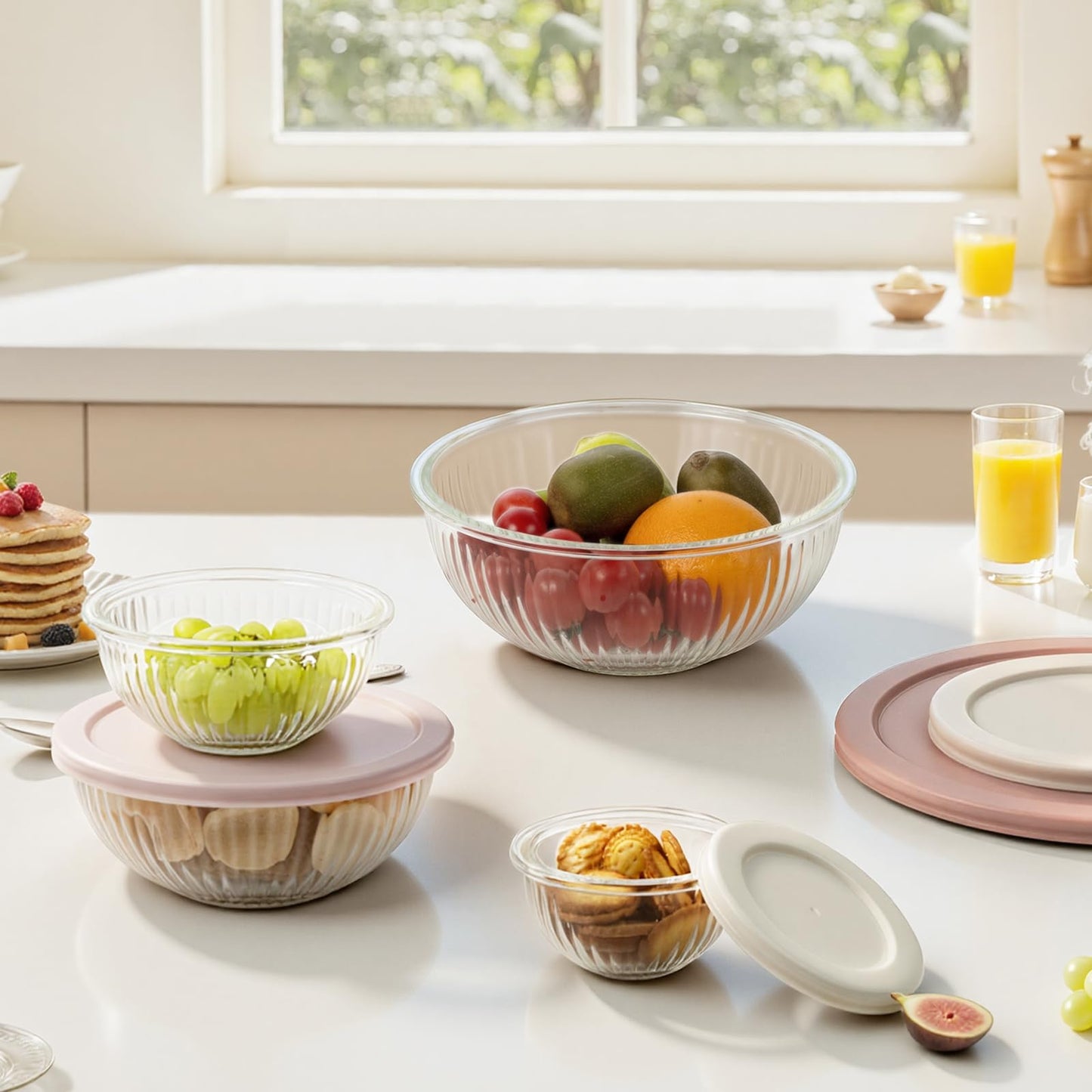 Freshmage Glass Mixing Bowls with Lids Sets, 4 Packs Glass Bowls with Lids for Kitchen Baking, Meal Prepping and Salad, Bpa Free and Dishwasher Safe Serving Bowls, 0.2/0.5/1.1/2.1